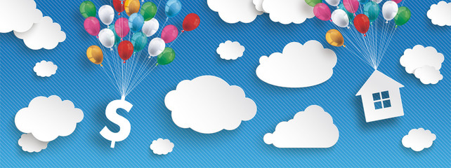 Wall Mural - Paper Clouds Striped Blue Sky Balloons Dollar House Header