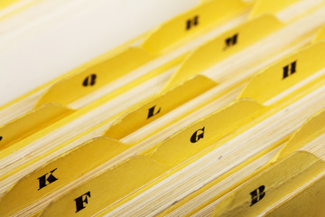 Close up of alphabetical index cards in box