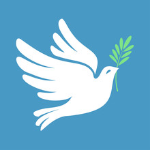 Silhouette Of A Flying Dove With Olive Branch. White Pigeon