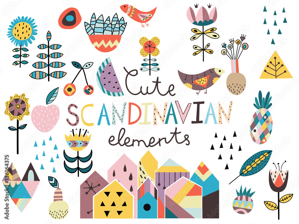 Set of cute scandinavian style elements. - obrazy, fototapety, plakaty 
