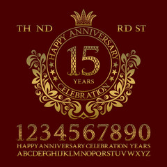 Poster - happy anniversary celebration sign kit. golden numbers, alphabet, frame and some words for creating 