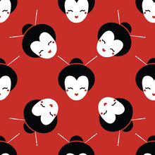 Bright Seamless Pattern With Japanese Dolls - Kokeshi That Bring Good Luck And Prosperity. Vector Illustration Cartoon Style.