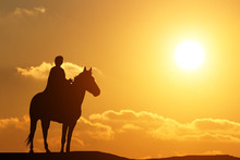 Silhouette Of A Man On Horseback In The Beautiful Sunset