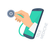 Doctor's Hand Holding A Stethoscope Through The Phone Screen Checking Pulse. Tele, Online, Remote Medicine Flat Concept Illustration. Vector Design Infographic Element Isolated On White Background.