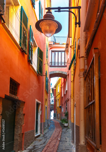 Photographie Picturesque colorful narrow curve small street with streetlight in Manarola fishing village in Five lands, Cinque Terre National Park, Liguria, Italy