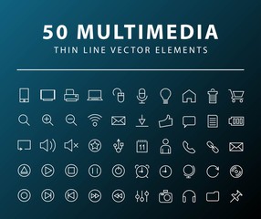 Poster - Set of 50 Minimal Thin Line Multimedia Icons on Dark Background. Isolated Vector Elements