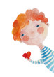 Red-haired boy with heart in hand. Hand drawing watercolor illustration