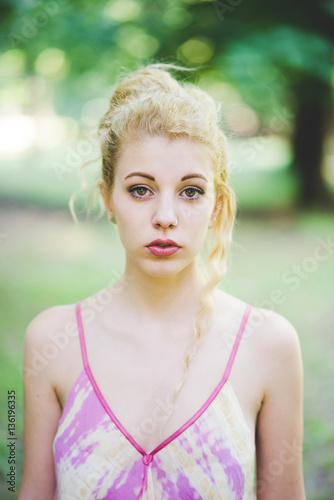 Portrait Of Young Beautiful Caucasian Blonde Hair Woman Outdoor In