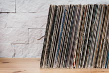 Wooden Shelf Full Of Old Vinyl Records