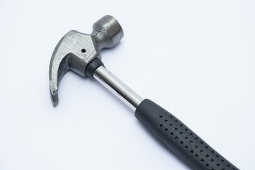 Stainless steel hammer with black handle on isolated white background