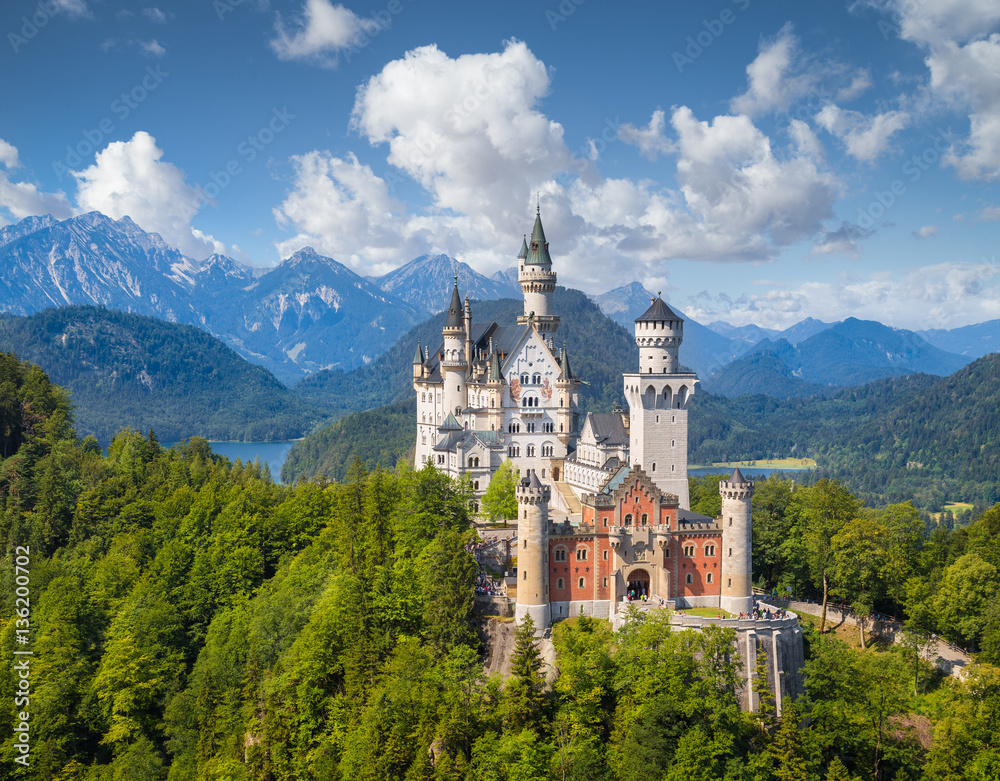 Neuschwanstein Castle in summer, Bavaria, Germany - obrazy, fototapety, plakaty 