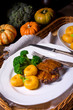 dumplings with pumpkin puree and grilled ribs