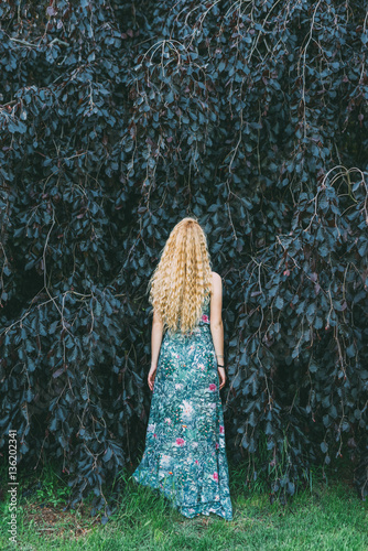 Back View Of Young Beautiful Caucasian Blonde Hair Woman Outdoor