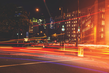 Car traffic light trails at night in central London