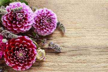 Poster - Dahlia flowers on wooden background