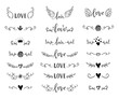 Handdrawn borders set with hearts, crown, wings for Valentines Day and wedding greeting cards, posters. Vector icon.