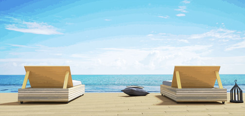 3D Rendering : illustration of Beach lounge - Sundeck and Sea view for vacation and summer on brown wooden floor.minimalism style.summer time to rest concept.filtered image to comic halftone