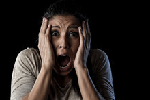 Close Up Portrait Young Attractive Latin Woman Screaming Desperate Screaming In Primal Fear Emotion