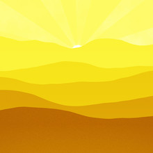 Yellow Mountains, Hills, Peaks Sun Peeking Over The Mountain Top, Digital Illustration