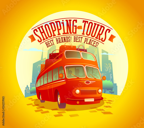 Fotomural Best shopping tours design with riding double-decker bus and many paper bags on