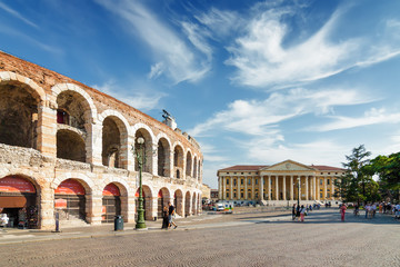 Sunny view of Teatro Romano, ancient amphitheatre at historical center of Verona, Veneto region, Italy.