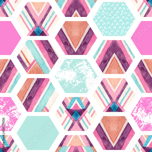 Watercolor hexagon seamless pattern with geometric ornamental elements