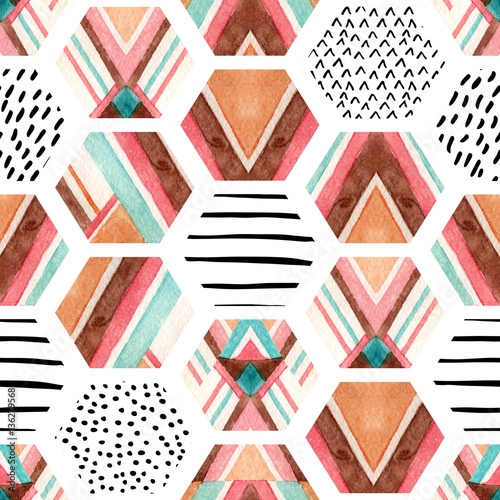 Watercolor hexagon seamless pattern with geometric ornamental elements