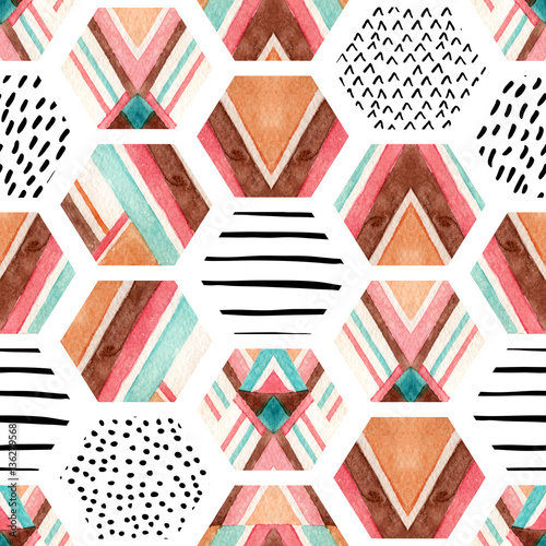 Naklejka na meble Watercolor hexagon seamless pattern with geometric ornamental elements