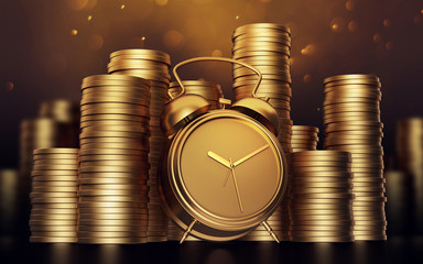 Alarm clock with golden coins .3d render