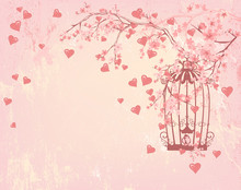 Bird Cage Among Hearts, Pink Flowers And Tree Branches - Valenti