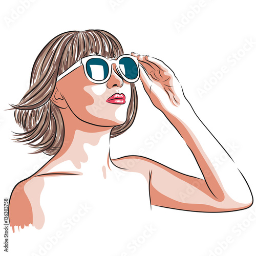 Vector Illustration Of Beautiful Woman Wearing White Sunglasses Stock 