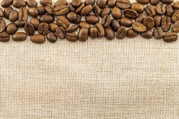 Wall Mural - Burlap Sackcloth Canvas and Coffee Beans Photo Background. Copy