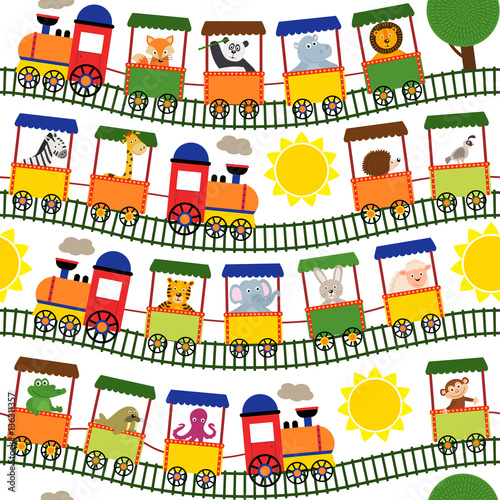 Naklejka na szybę Wektorowa ilustracja kolorowego pociągu ze zwierzętami