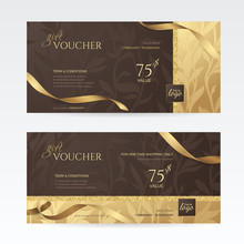 Set Of Luxury Gift Vouchers With Golden Ribbons And Floral Patterns On The Deep Brown Background. Vector Template For Gift Card, Coupon And Certificate. Isolated From The Background.