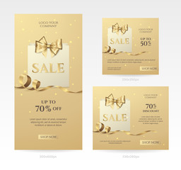 Wall Mural - Set of elegant golden sale banners of different sizes with paper shopping bag, bow and ribbon. Vector background for discount offer and promotion design. Isolated from the background.