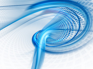 Poster - Abstract background element. Three-dimensional composition of twisted shapes, grids and blurs.Science and technology concept. Blue and white colors.