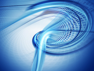Poster - Abstract background element. Three-dimensional composition of twisted shapes, grids and blurs.Science and technology concept. Blue and white colors.