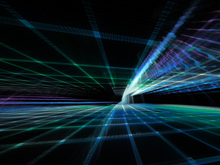 Poster - Abstract background element. Three-dimensional composition of wave shapes, grids and beams. Electronics and media concept. Blue and black colors.