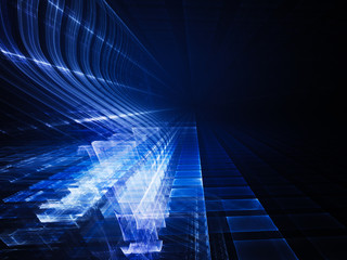 Poster - Abstract background element. Fractal graphics. Three-dimensional composition of glowing grids and wave forms. Information technology or science concept. Blue and black colors.