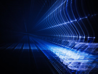 Poster - Abstract background element. Fractal graphics. Three-dimensional composition of glowing grids and wave forms. Information technology or science concept. Blue and black colors.
