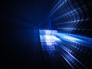 Poster - Abstract background element. Fractal graphics. Three-dimensional composition of glowing grids and wave forms. Information technology or science concept. Blue and black colors.