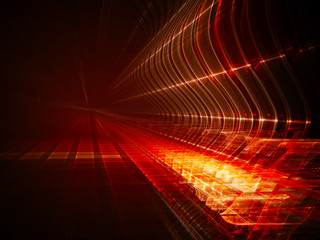 Poster - Abstract background element. Fractal graphics. Three-dimensional composition of glowing grids and wave forms. Information technology or science concept. Red and black colors.
