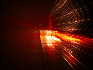 Poster - Abstract background element. Fractal graphics. Three-dimensional composition of glowing grids and wave forms. Information technology or science concept. Red and black colors.
