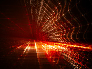 Poster - Abstract background element. Fractal graphics. Three-dimensional composition of glowing grids and wave forms. Information technology or science concept. Red and black colors.