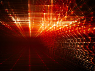 Poster - Abstract background element. Fractal graphics. Three-dimensional composition of glowing grids and wave forms. Information technology or science concept. Red and black colors.