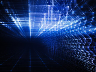 Poster - Abstract background element. Fractal graphics. Three-dimensional composition of glowing grids and wave forms. Information technology or science concept. Blue and black colors.
