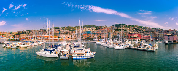 Wall Mural - Panorama of marina Porto Antico Genova, where many sailboats and yachts are moored, Genoa, Italy.