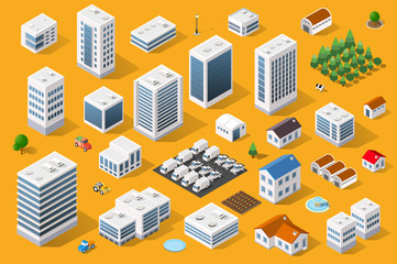 Wall Mural - Cityscape design elements with isometric building city map generator. 3D flat icon set. Isolated collection elements for creating your perfect road, park, transport, trees, infrastructure, industrial