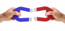 Hands Holding Magnets One Red And One Blue