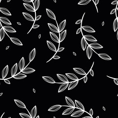 Wall Mural - Nature seamless pattern. Hand drawn branches of leaves. Spring wrapping paper. Vector illustration. Monochrome.